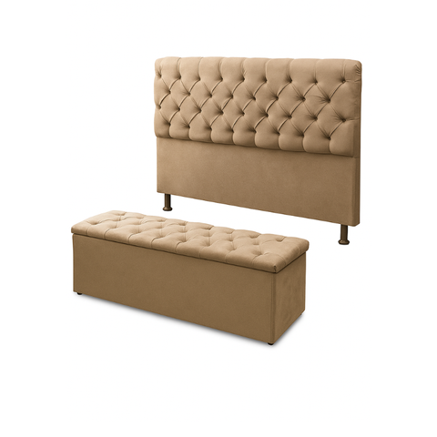 Conjunto Cabeceira com Calçadeira Baú Queen 160cm Bege