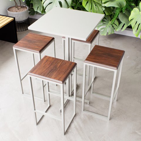 Conjunto Mesa Alta Bar Bistrô Quadrada Branca 4 Bancos Imbuia Industrial White Don Castro Decor Indu