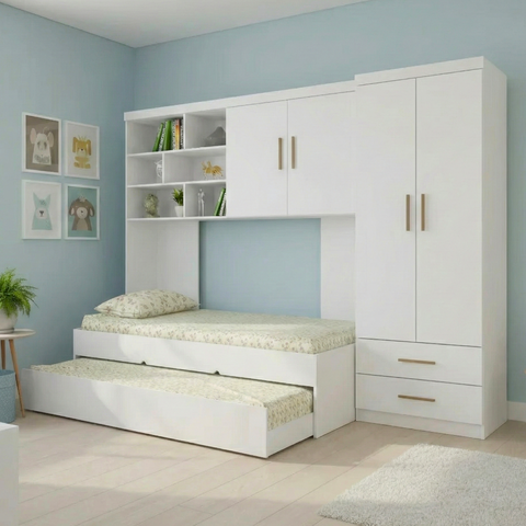 Quarto Completo Solteiro Juvenil 4 Peças com Guarda Roupa e Bicama Modulado Chiara Branco