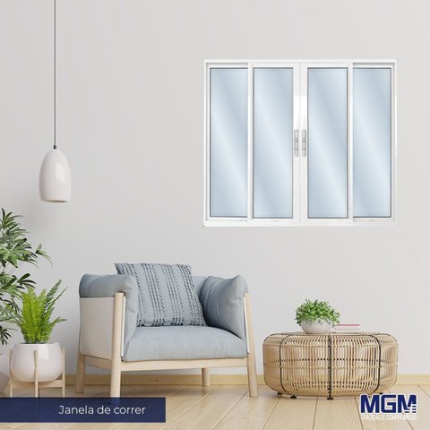 Janela de Alumínio de Correr 120x200cm 4 Folhas 2 Fixas com Vidro Liso Linha Solida MGM Branco