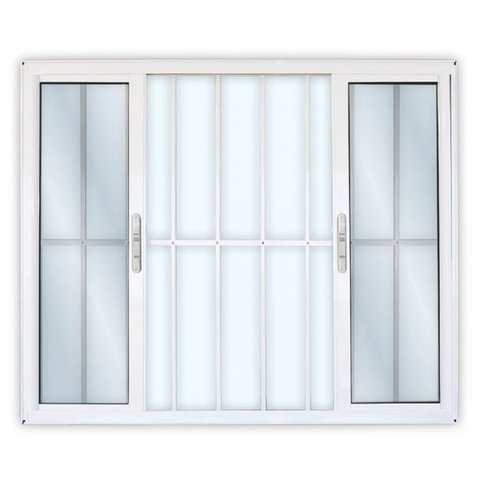 Janela de Alumínio de Correr 120x120cm 4 Folhas 2 Fixas com Grade e Vidro Liso Linha Solida MGM Branco