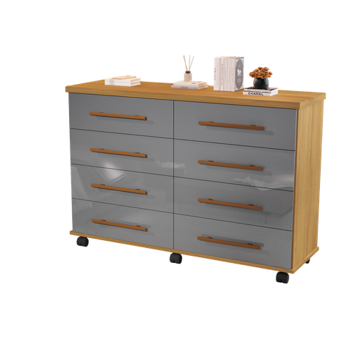Comoda Jade 8 Gavetas Cinza Mel com Rodinhas