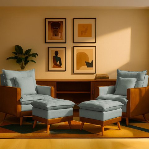 Kit 2 Poltronas Sofá Reclinável Londres com 2 Puff Banqueta Almofadado Corino e Linho Cinza - Arkell