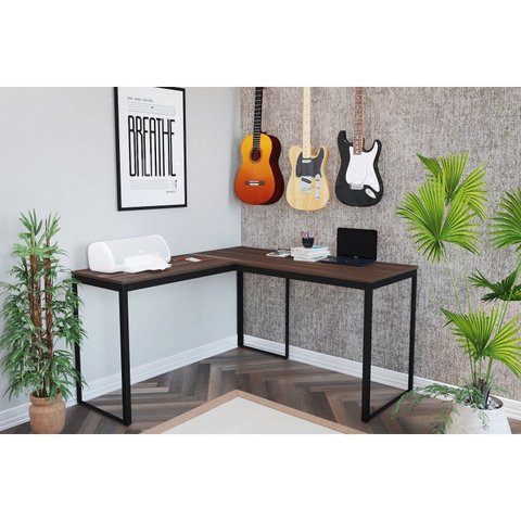 Escrivaninha Mesa Escritório em L 135x135 135cm Preto Fosco e Nogal