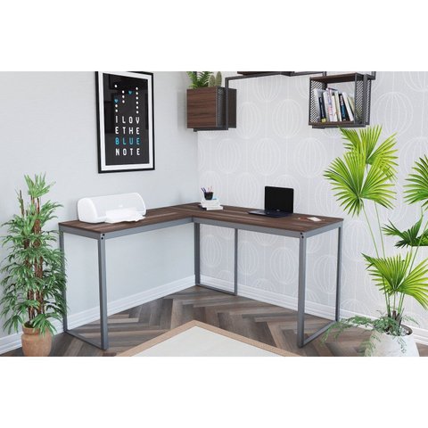 Escrivaninha Mesa Escritório em L 135x135 135cm Cinza Grafite e Nogal