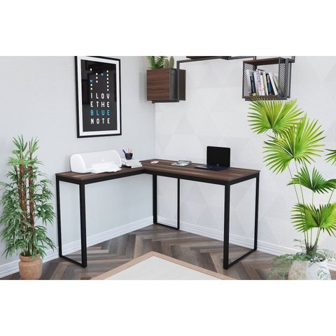 Escrivaninha Mesa Escritório em L 126x126 126cm Preto Fosco e Nogal
