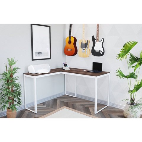 Escrivaninha Mesa Escritório em L 126x126 126cm Branco e Nogal