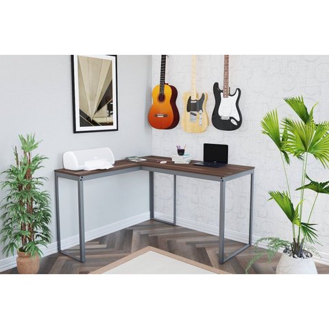 Escrivaninha Mesa Escritório em L 126x126 126cm Cinza Grafite e Nogal