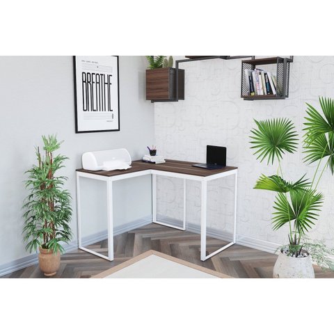 Escrivaninha Mesa Escritório em L 105x105 105cm Branco e Nogal