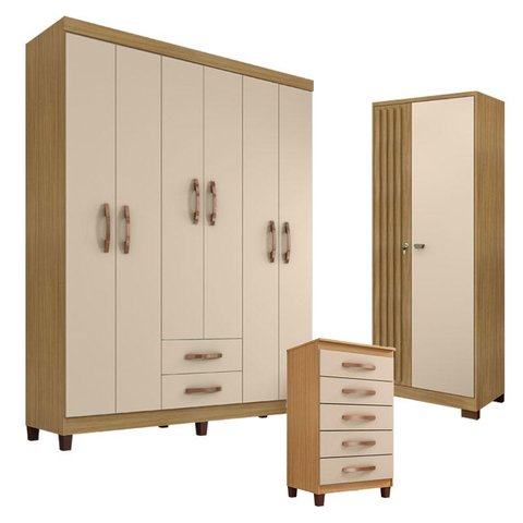 Guarda Roupa Casal Modena com 6 Portas com Cômoda Cannes 5 Gavetas e Armário Multiuso Versatile Carv