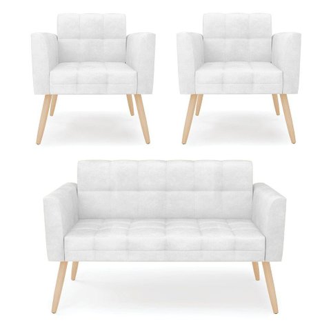 Kit 1 Sofá Namoradeira e 2 Poltronas Elisa Corano Pés Palito Natural - D'Rossi Cor Branco