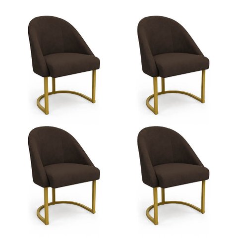 Kit 04 Cadeiras Poltrona de Jantar Lua Veludo Marrom Base Ferro Dourado Dal Poz Estofados