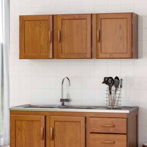 Armário Aéreo para Cozinha 3 Portas com Vidro Madeira Maciça Pinus Marrom 120cm Imbuia Fosco