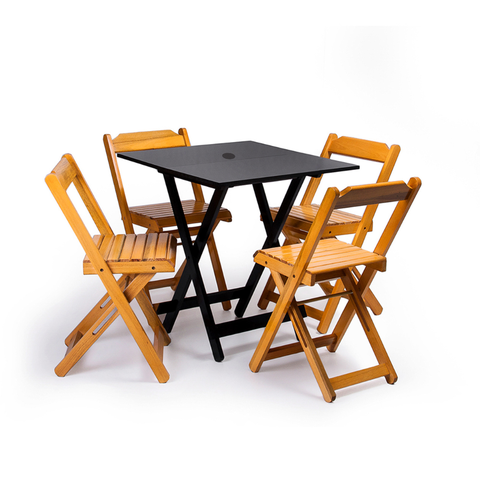 Jogo de Mesa 70x70 c/4 Cadeiras com Furo para Ombrelone Preto/Mel - m.B Móveis