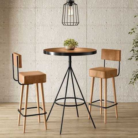 Conjunto Mesa Bistrô com 2 Banquetas Lais Courino Caramelo | Aço Preto - Sallar Home