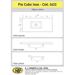 Pia para Cozinha em Mármore Sintético com Cuba em Aço Inox 120cmx55cm Aj Rorato - 6