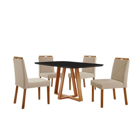 Conjunto Sala de Jantar Mesa Florença 140x80cm Preto com 4 Cadeiras Dallas Linho Bege