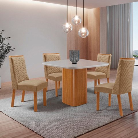 Mesa de Jantar Eloise 90 cm Tampo MDF Vidro Canto Copo com 4 Cadeiras Carolina