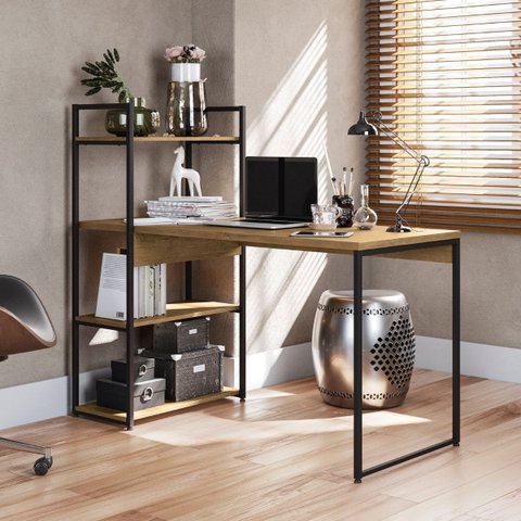 Mesa Escrivaninha Industrial Office C/ Estante e Prateleiras Freijó/preto Fosco