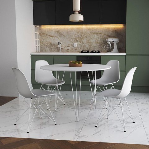 Mesa de Jantar Redonda 90cm Branca Clips 3 Pés com 4 Cadeiras Brancas Ferro Branco Cor: Branco