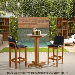 Banqueta Alta Luxo Pérola com Encosto Estofada em Couro Pu Preto Madeira Maciça Castanho - 2