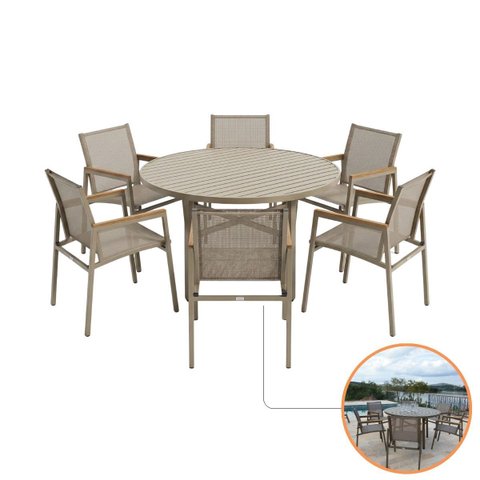 Mesa de Jantar Externa Alumínio Ripado 1,30m com 6 Cadeiras Tela Sling Fendi