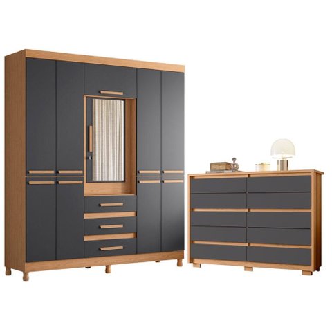 Guarda Roupa Casal New Fusion 10 Portas e Cômoda Duetto Freijo Titanium- Móveis Albatroz