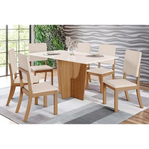 Conjunto Mesa de Cozinha Vértice Tampo Madeirado com Vidro 160x80cm e 6 Cadeiras Milla Nature Linho