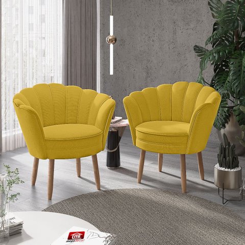 Kit 02 Poltronas Decorativas Pétala Luxo Veludo Amarelo Pés Palito - Visan Estofados