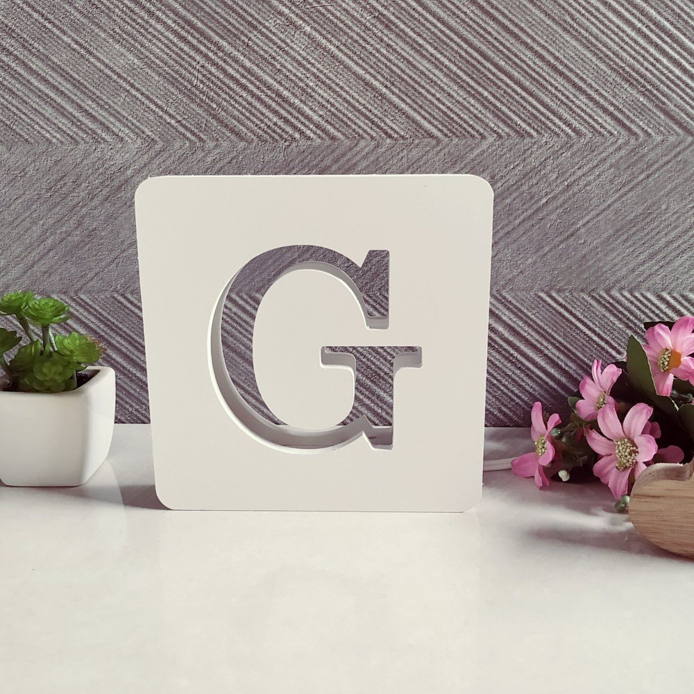 1 Luminária LED Mesa Letras Alfabeto Decorativa MDF Branco 14cm:G