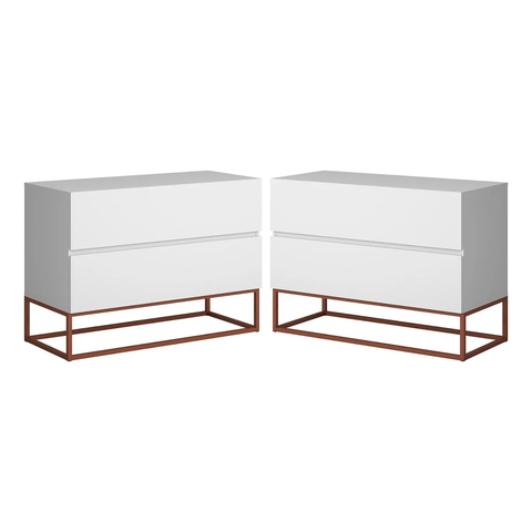 Conjunto 2 Mesas de Apoio de Cabeceira Eros 60cm Base Metálica Cobre para Quarto Moderno:branco