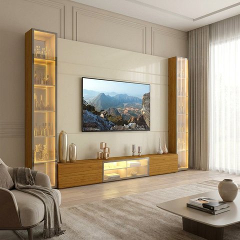 Estante para TV até 90 Polegadas Vidro com LED 100% MDF 217,6cm x 293,4cm Bege Off White Naturale