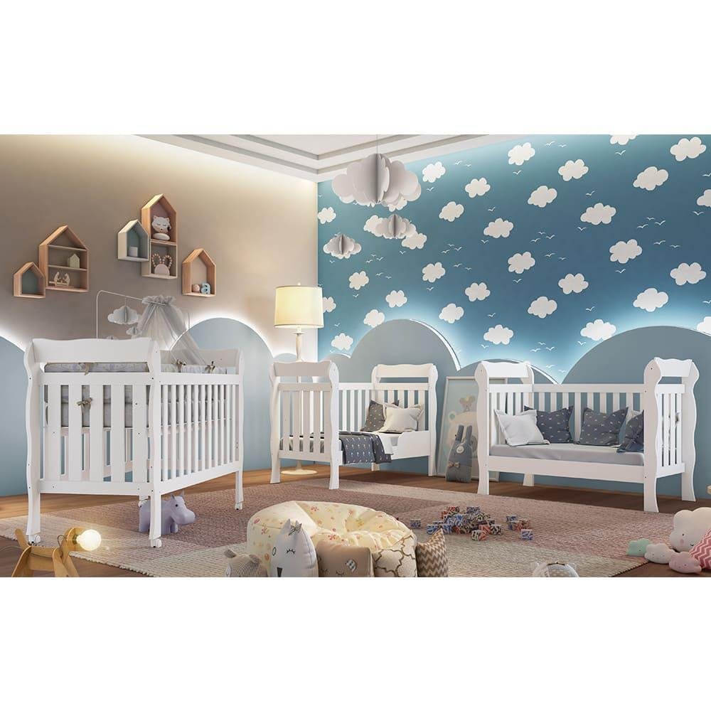 Quarto de Bebê Ariel Completo Berço 3 em 1 Lila Guarda Roupa 3 Portas Cômoda Infantil Branco - 3