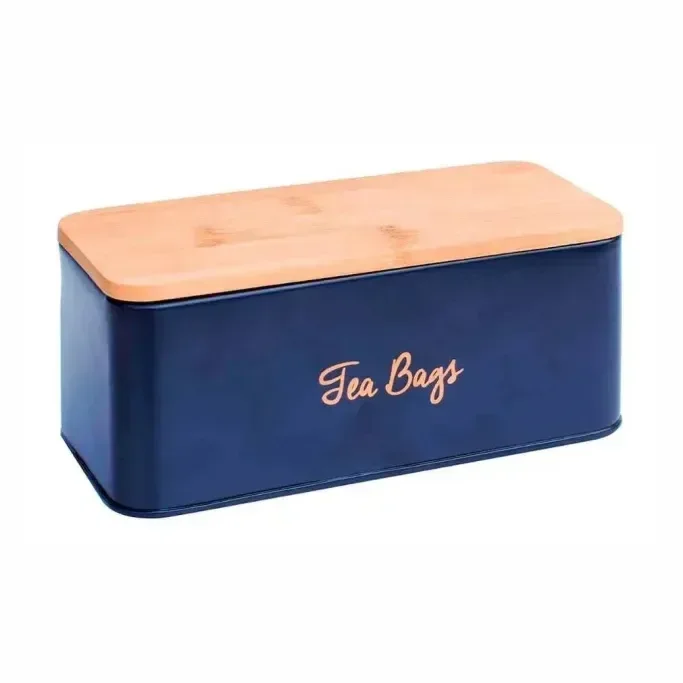 Pote Porta Cha de Ferro Azul com Tampa de Madeira