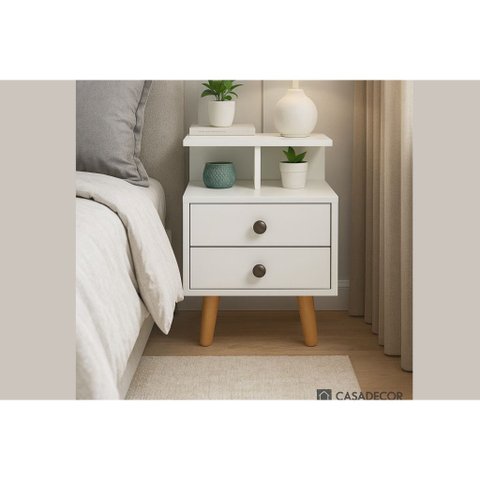 Mesa Cabeceira Retrô 40cm com 2 Gavetas e Nicho Pés Palito MDF Branco Montada Puxador Redondo