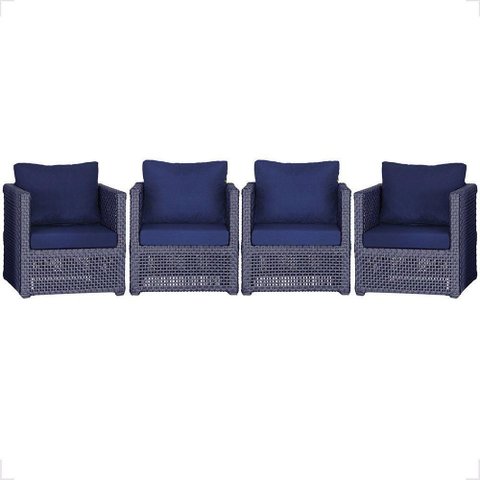 4 Poltronas Madri Alumínio Corda Náutica Estofado 10 Trama Azul