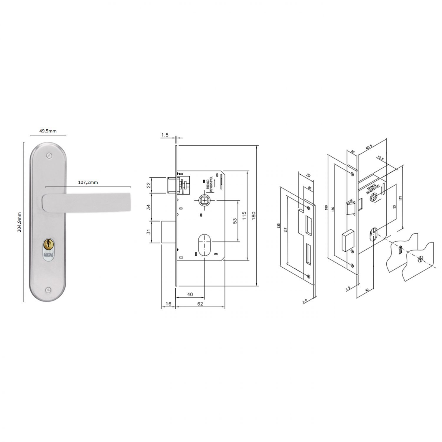 Fechadura Interna Espelho Aço 40mm MGM - 3