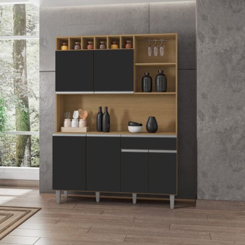 Armário de Cozinha Completo Delara 6 Portas Amêndoa Preto