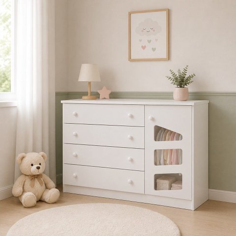 Cômoda Sapateira Infantil 100% MDF Eloísa 4 Gavetas 1 Porta para Quarto de Bebê Branco Phoenix Baby