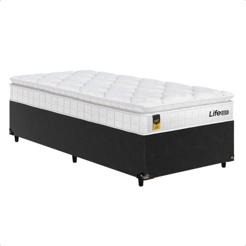 Cama Box Base Solteiro + Colchão Life D33 Pillow Top 88x188cm - Branco/Preto - e-Shop Casa