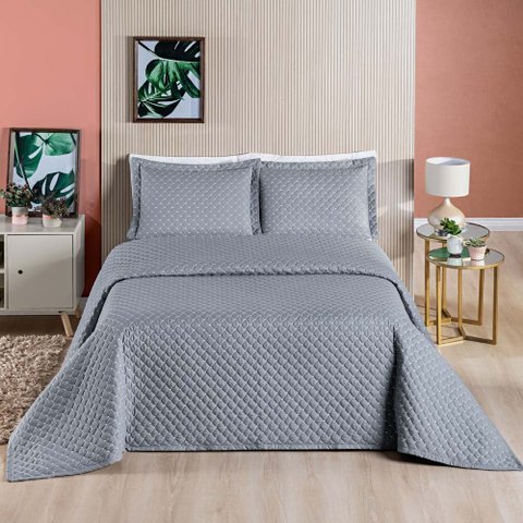 Kit Cobre Leito Colcha Vênus Casal Dupla Face Micropercal 200 Fios Liso 3 Peças - Cinza Casa Scarpa