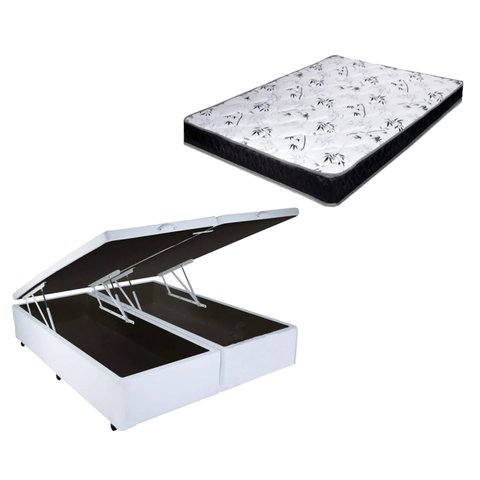Cama Box Baú Casal Bi-Partido Green Branco + Colchão Espuma D28 138x188x12