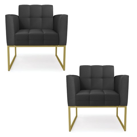 Kit 2 Poltronas Elisa Corino Preto Base Metálica Industrial Dourado - D'Rossi