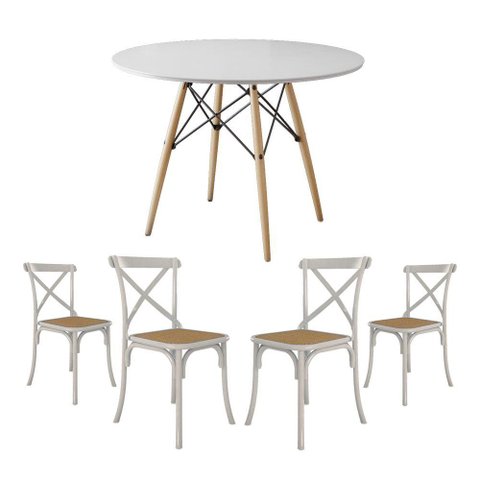 Jogo de Mesa Eiffel Redondo Tampo de Madeira 90cm Branco com 4 Cadeiras Katrina Branca Assento Bege