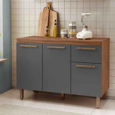 Balcão Cozinha Pop 120 Cm com Tampo 3 Portas e 1 Gaveta Freijó/chumbo/freijó