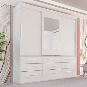Guarda-Roupa Casal 3 Portas 9 Gavetas com Espelho Luana 