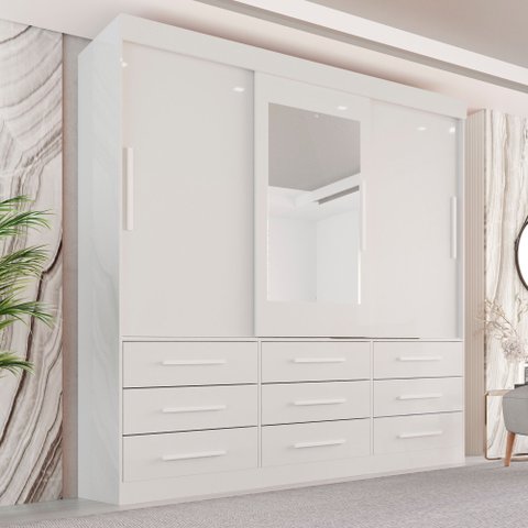 Guarda-Roupa Casal 3 Portas 9 Gavetas com Espelho Luana Branco
