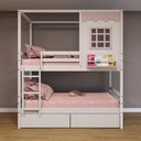 Ver imagem 1 de Beliche Casinha Reta 02 Gavetas Rosa Madeira Maciça Branco/ Rosa Housin