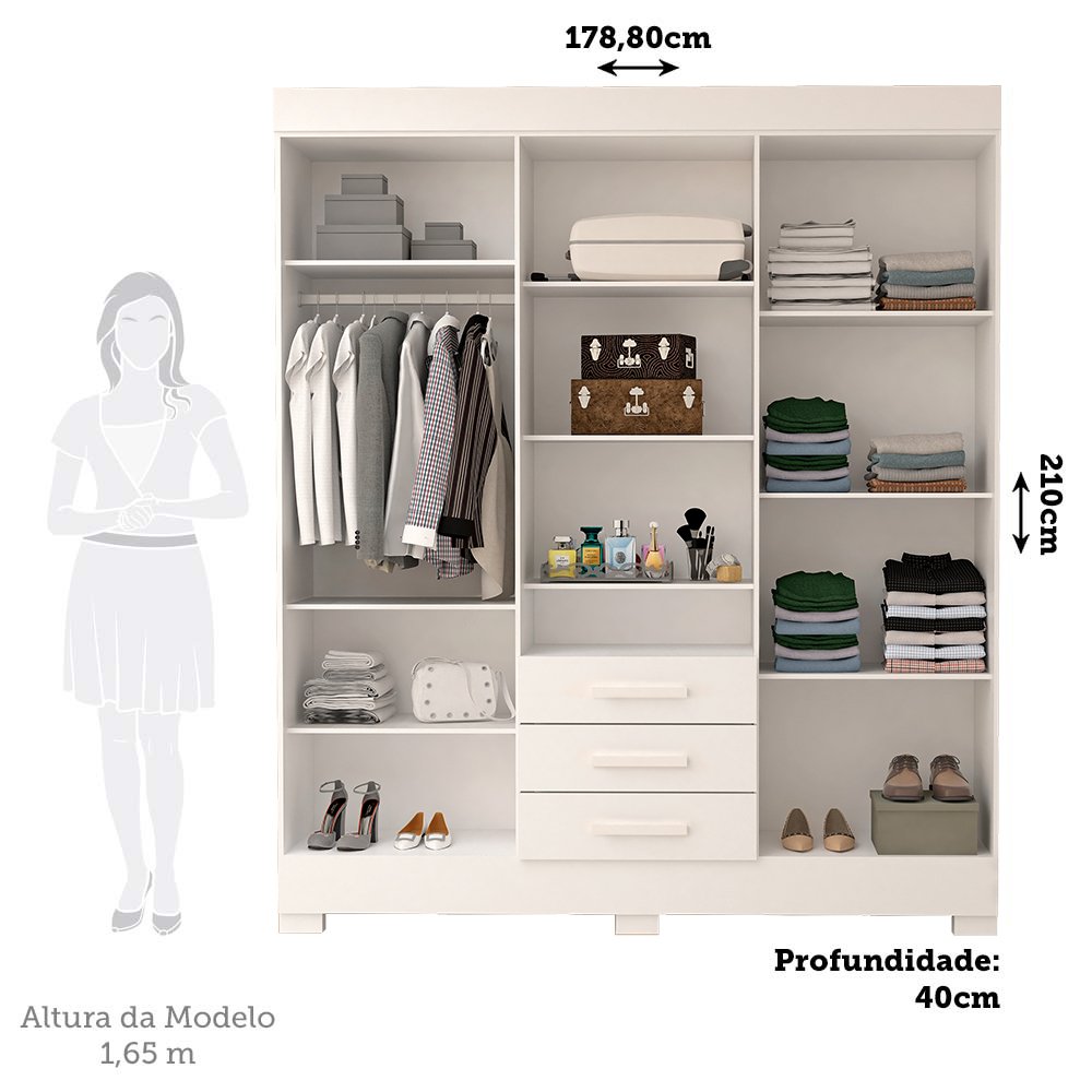 Guarda Roupa Casal 178,80cm 6 Portas 3 Gavetas Capelinha com Espelho 100% Mdf Débora  - 3