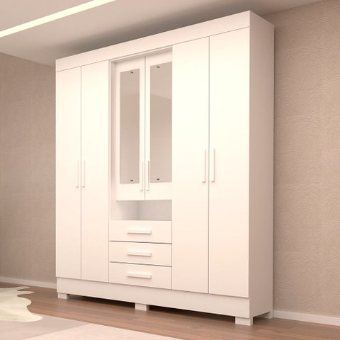 Guarda-Roupa Casal 6 Portas 3 Gavetas Capelinha com Espelho 100% MDF 179cm Nerina Espresso Móveis Branco